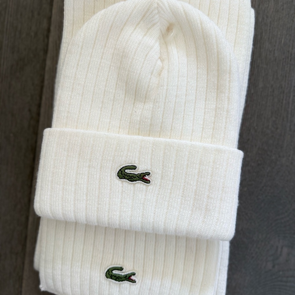 Lacoste Cream Ribbed Beanie and Scarf Set